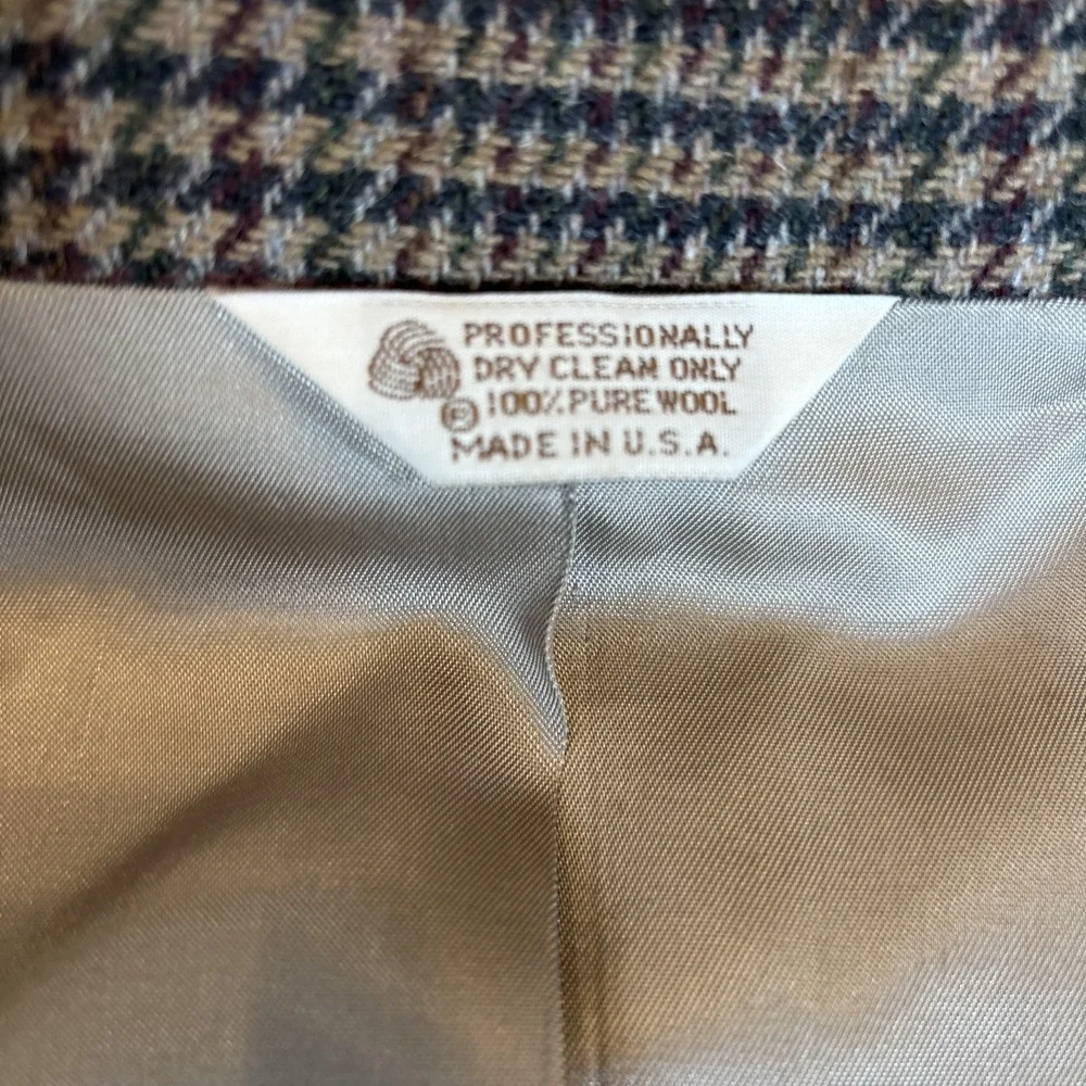 VTG Houndstooth Sport Coat Pure Wool Plaid 2 Button Brown Green‎ Preppy SZ 46L